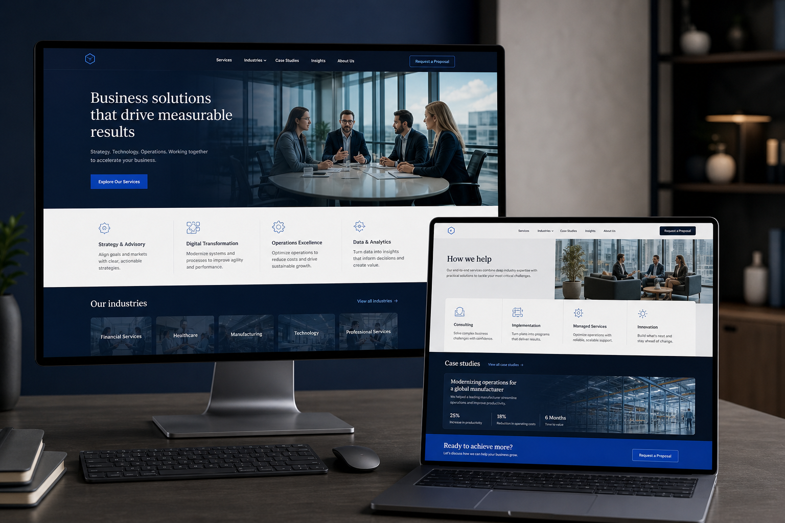Professional responsive B2B business service website displayed on desktop and laptop screens