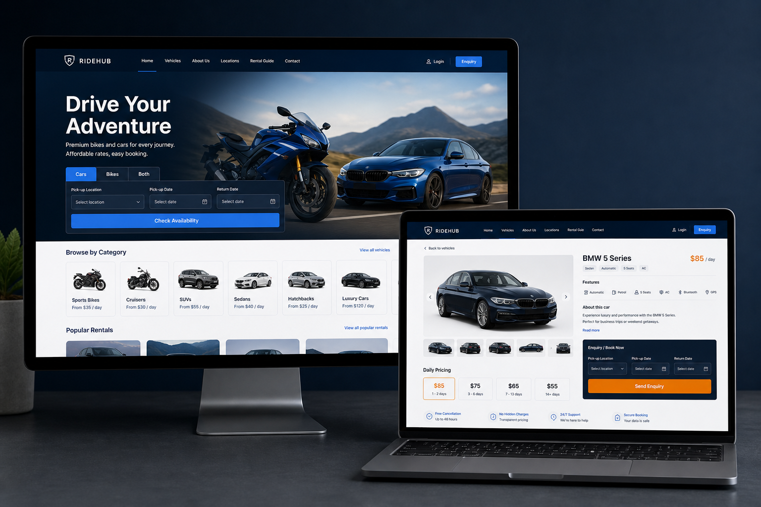 Professional responsive bike and car rental website displayed on desktop and laptop screens
