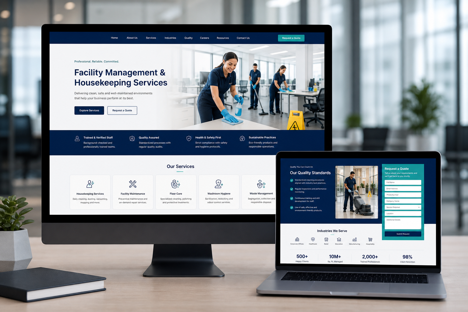 Professional responsive facility management and housekeeping service website displayed on desktop and laptop