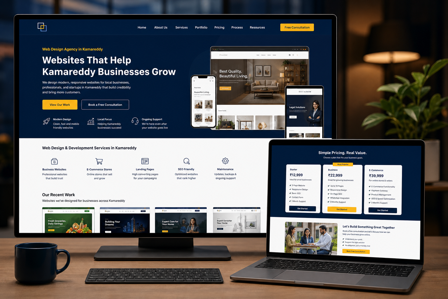 Professional responsive website design agency portfolio for Kamareddy businesses displayed on desktop and laptop