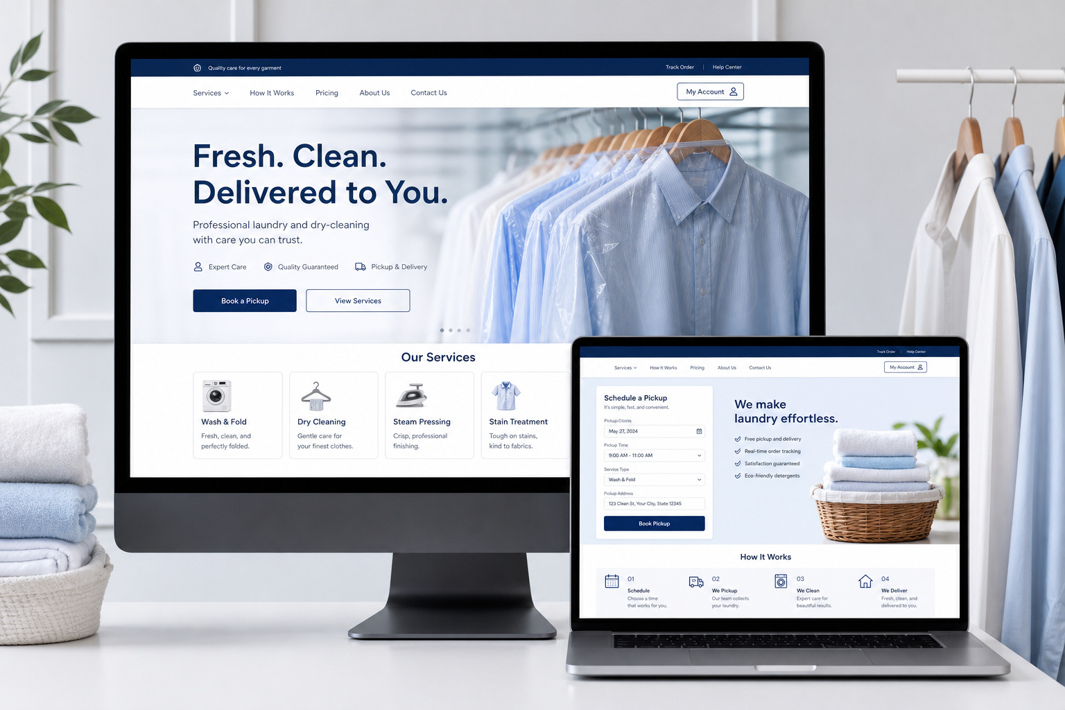 Professional responsive laundry and dry-cleaning service website displayed on desktop and laptop screens