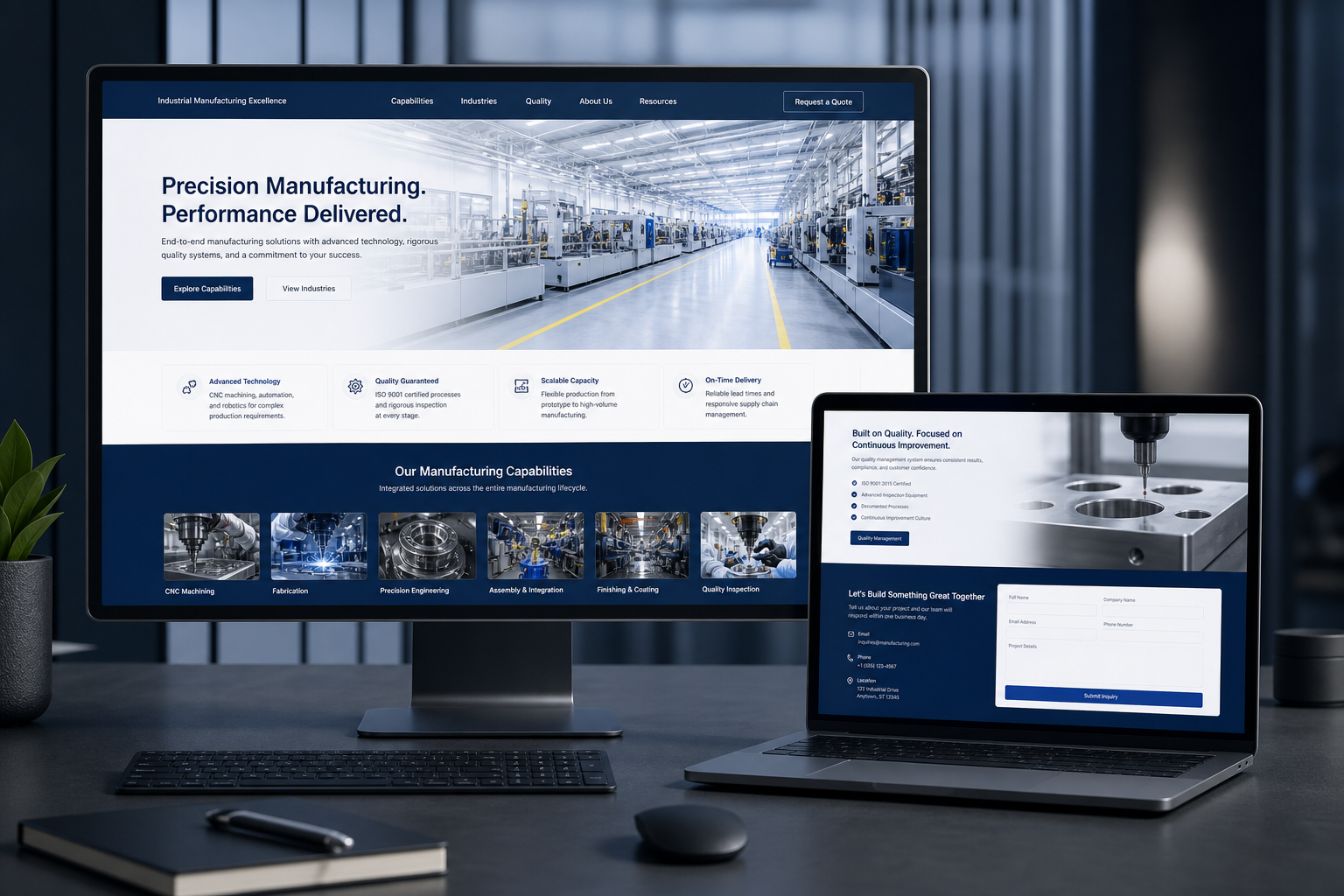 Professional responsive manufacturing company website displayed on desktop and laptop screens