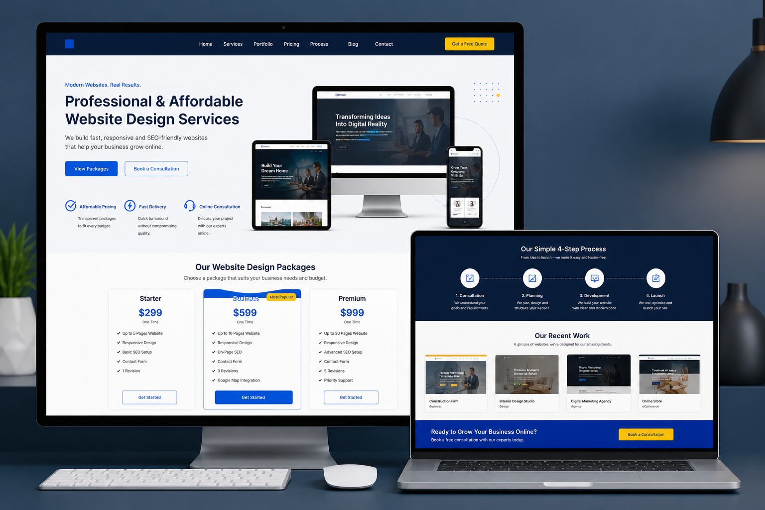 Professional affordable online website design company website displayed on desktop and laptop screens