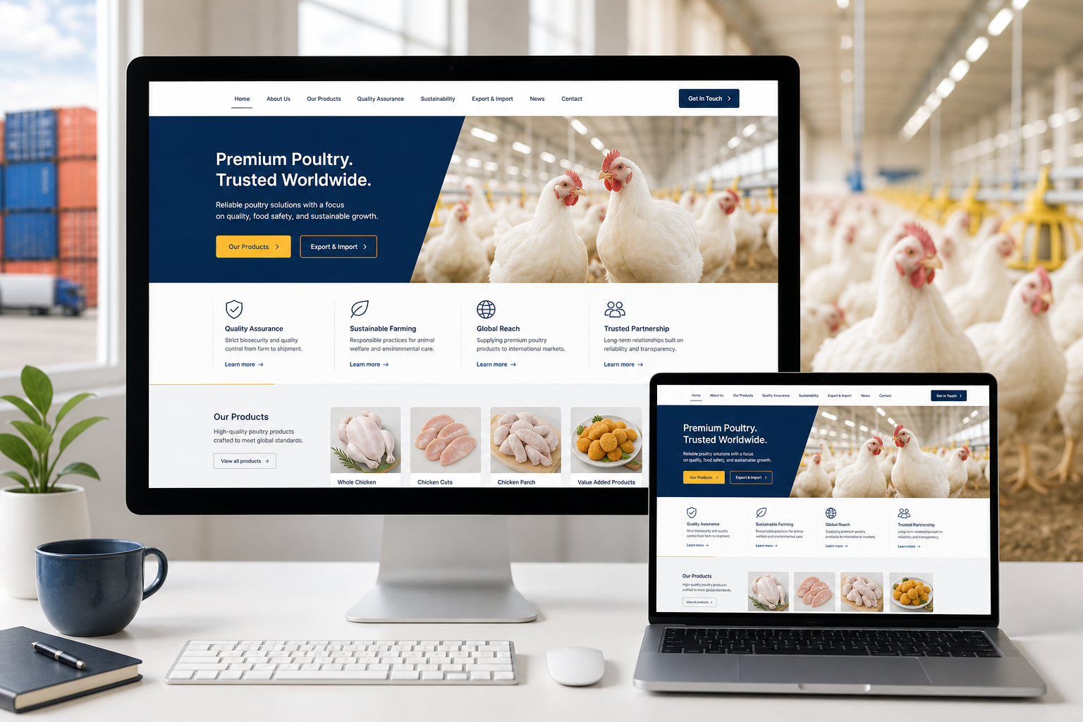 Professional responsive poultry farm and chicken export import website design displayed on desktop and laptop screens