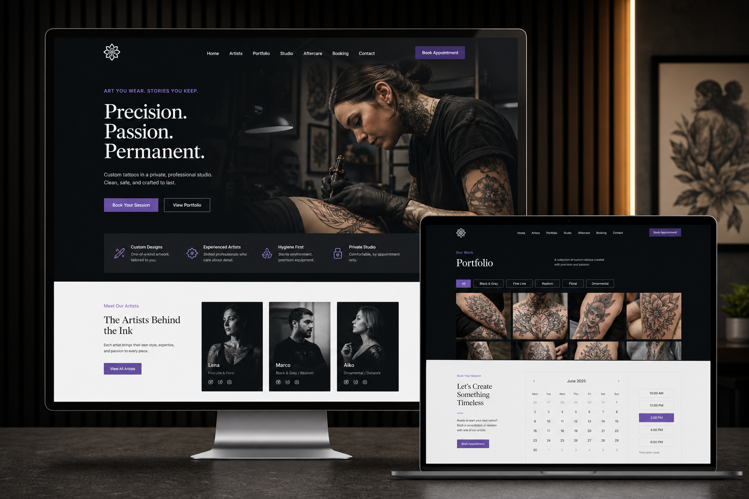 Professional dark-themed tattoo studio and tattoo artist website displayed on desktop and laptop screens